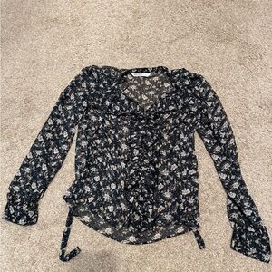 Zara Black Sheer Floral Ruffle Tie-Front Blouse